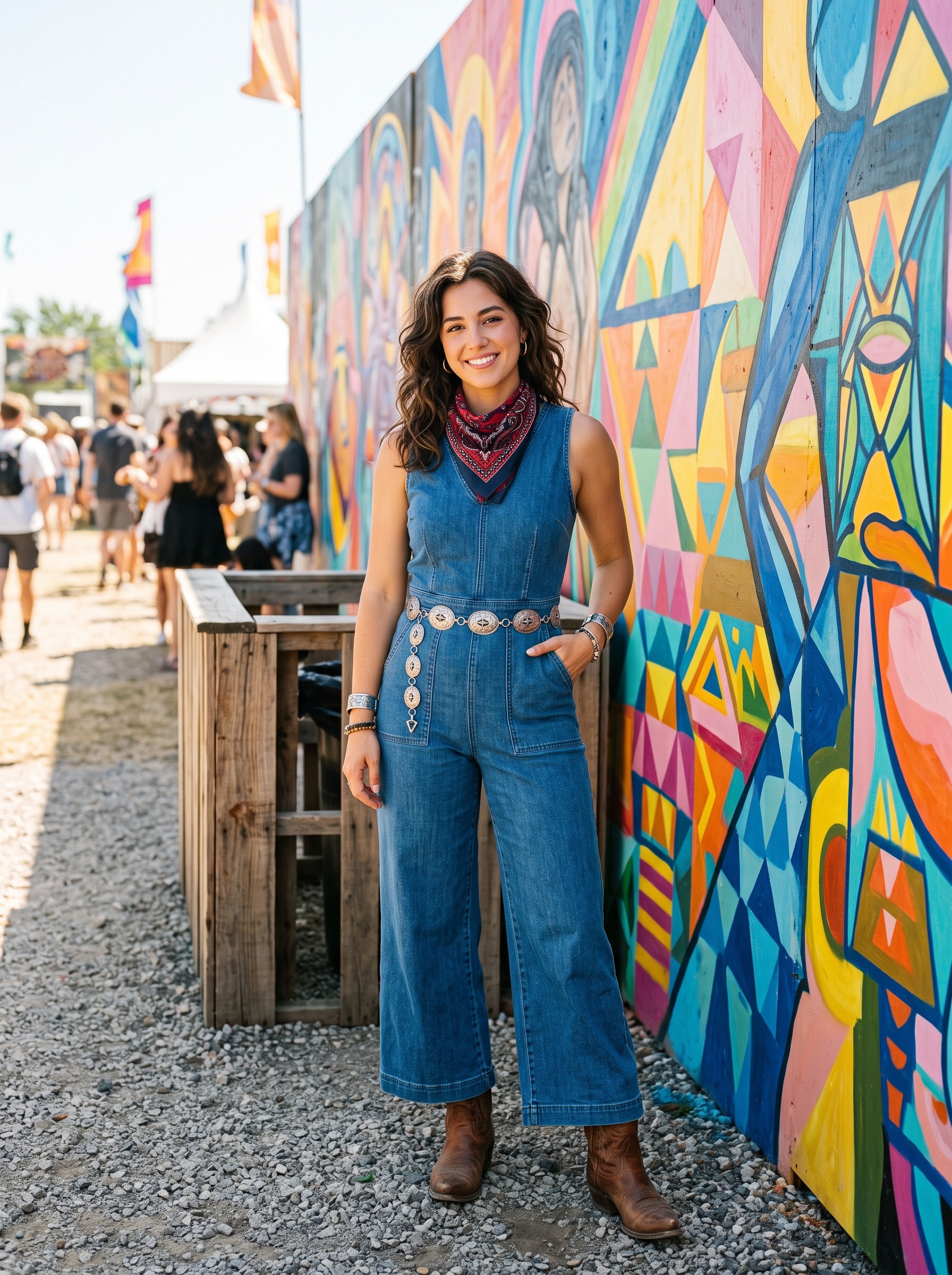 Denim western jumpsuit Coachella outfit idea with statement belt