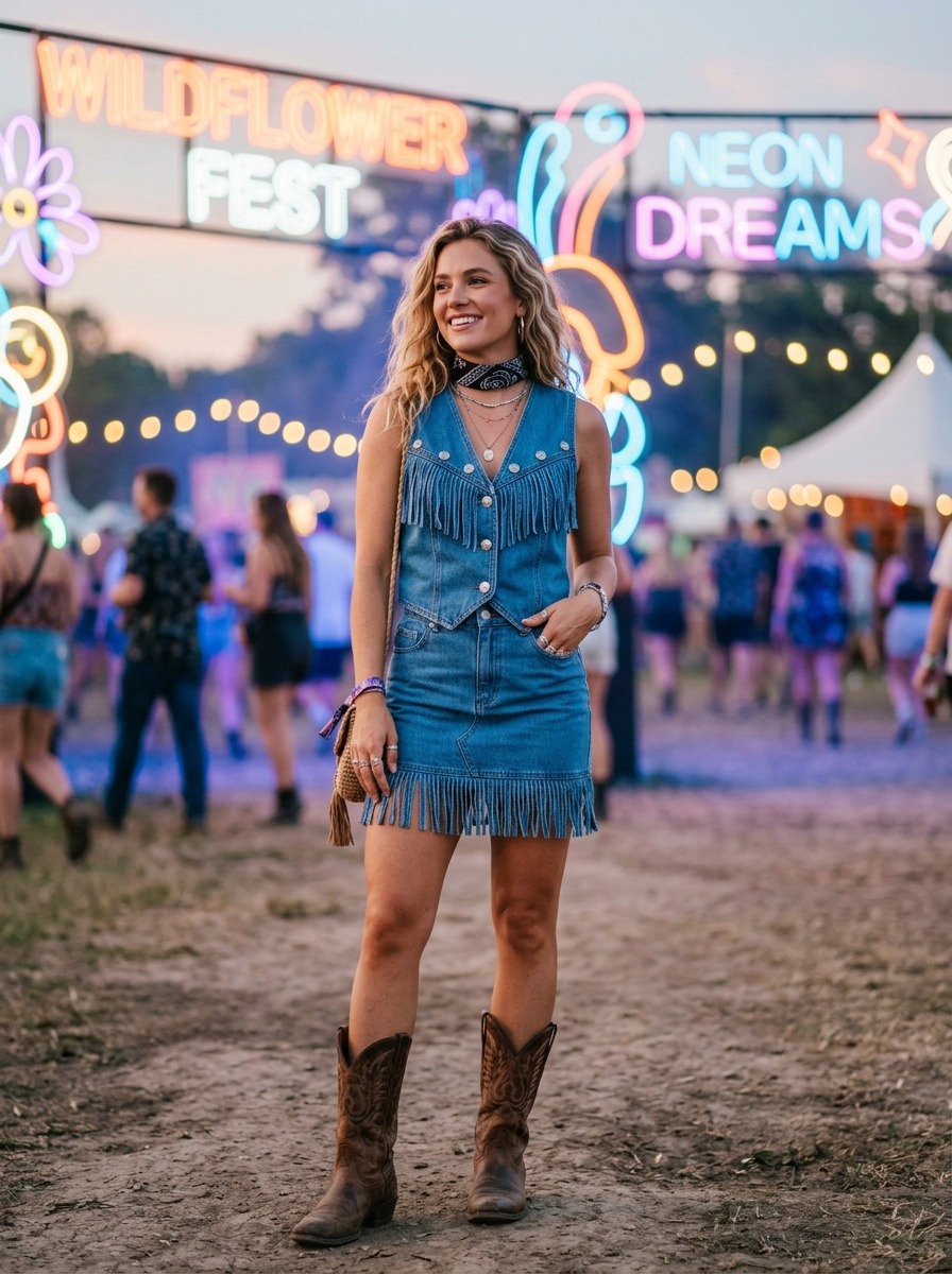 Denim vest and mini skirt cowboy core Coachella outfit idea