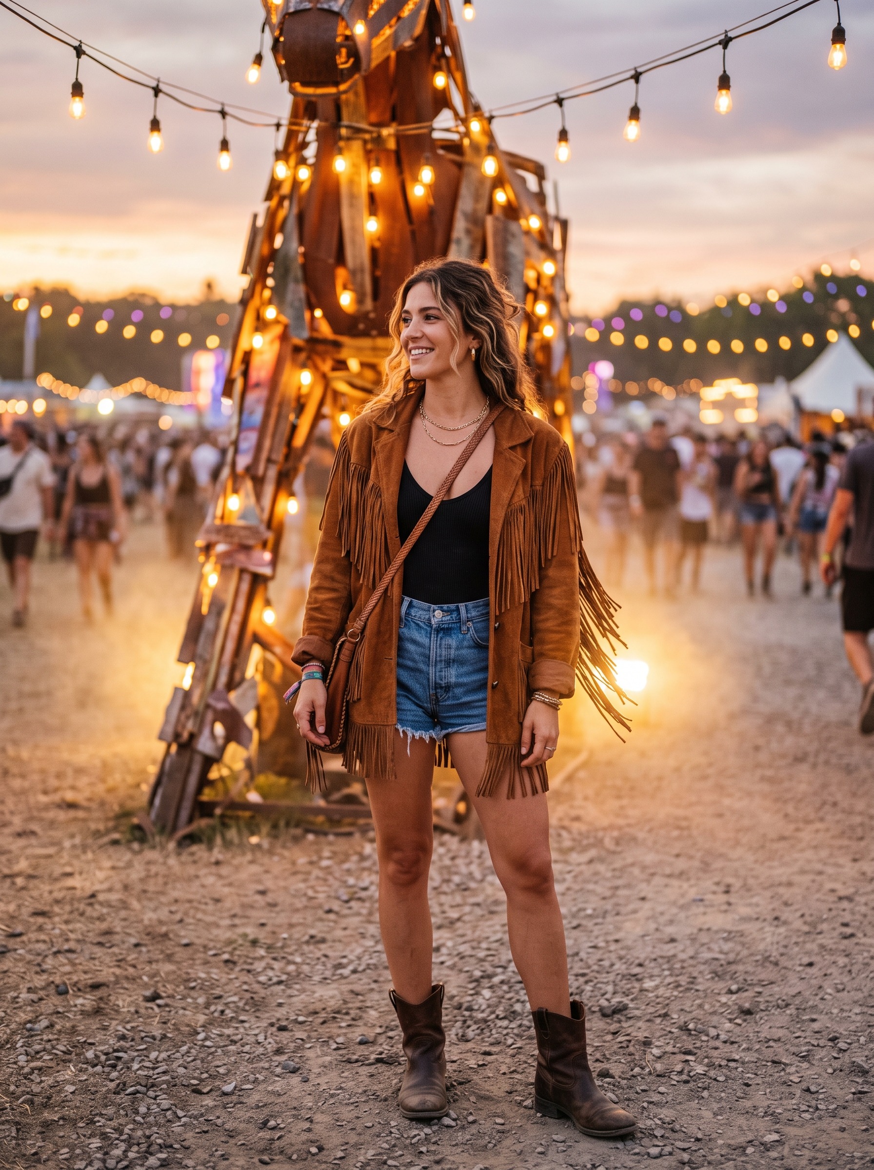 Fringe jacket Coachella outfit idea with bodysuit and denim