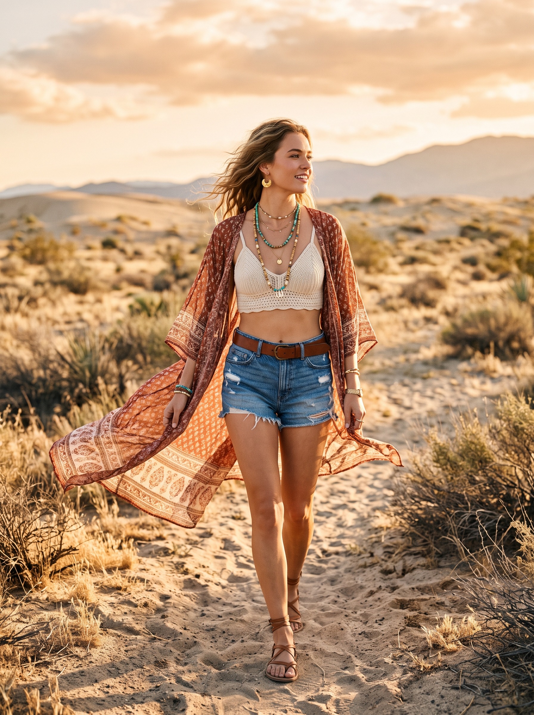 Sheer kimono boho Coachella outfit idea with crochet top and denim shorts