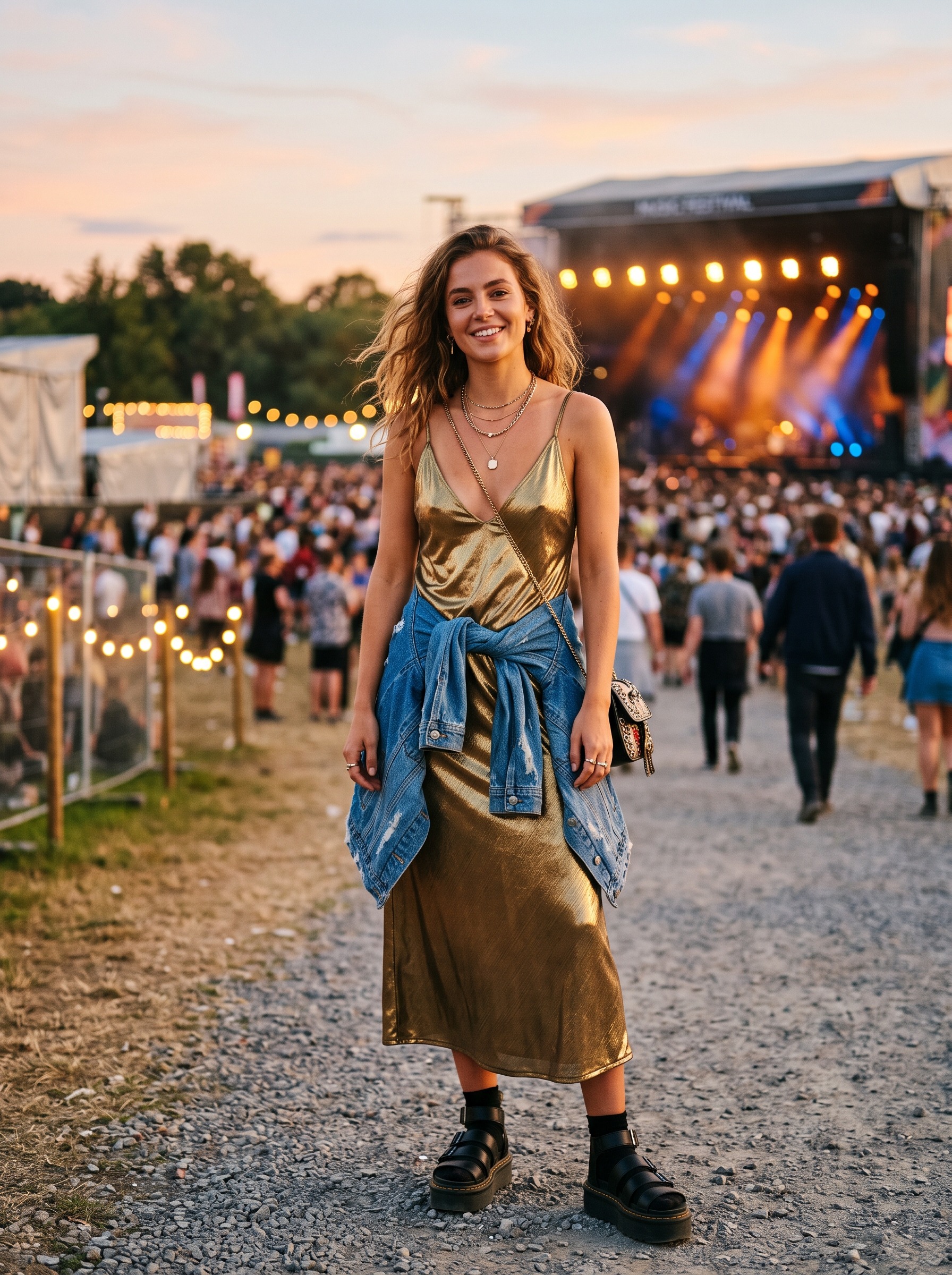 Metallic slip dress and denim jacket Coachella outfit idea