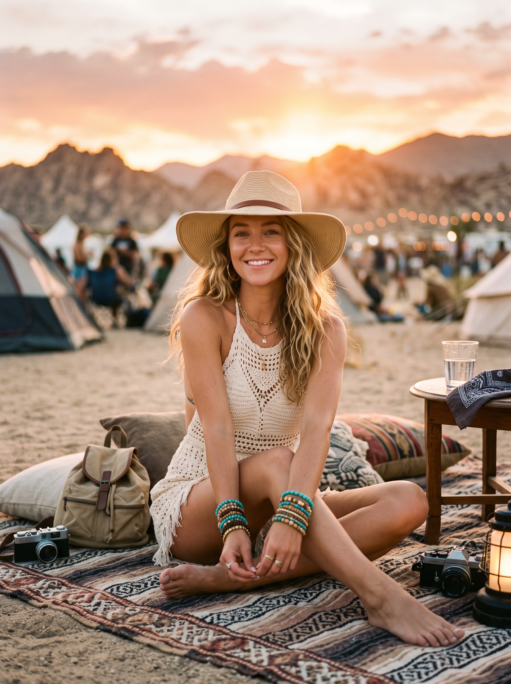 Boho crochet halter romper Coachella outfit idea