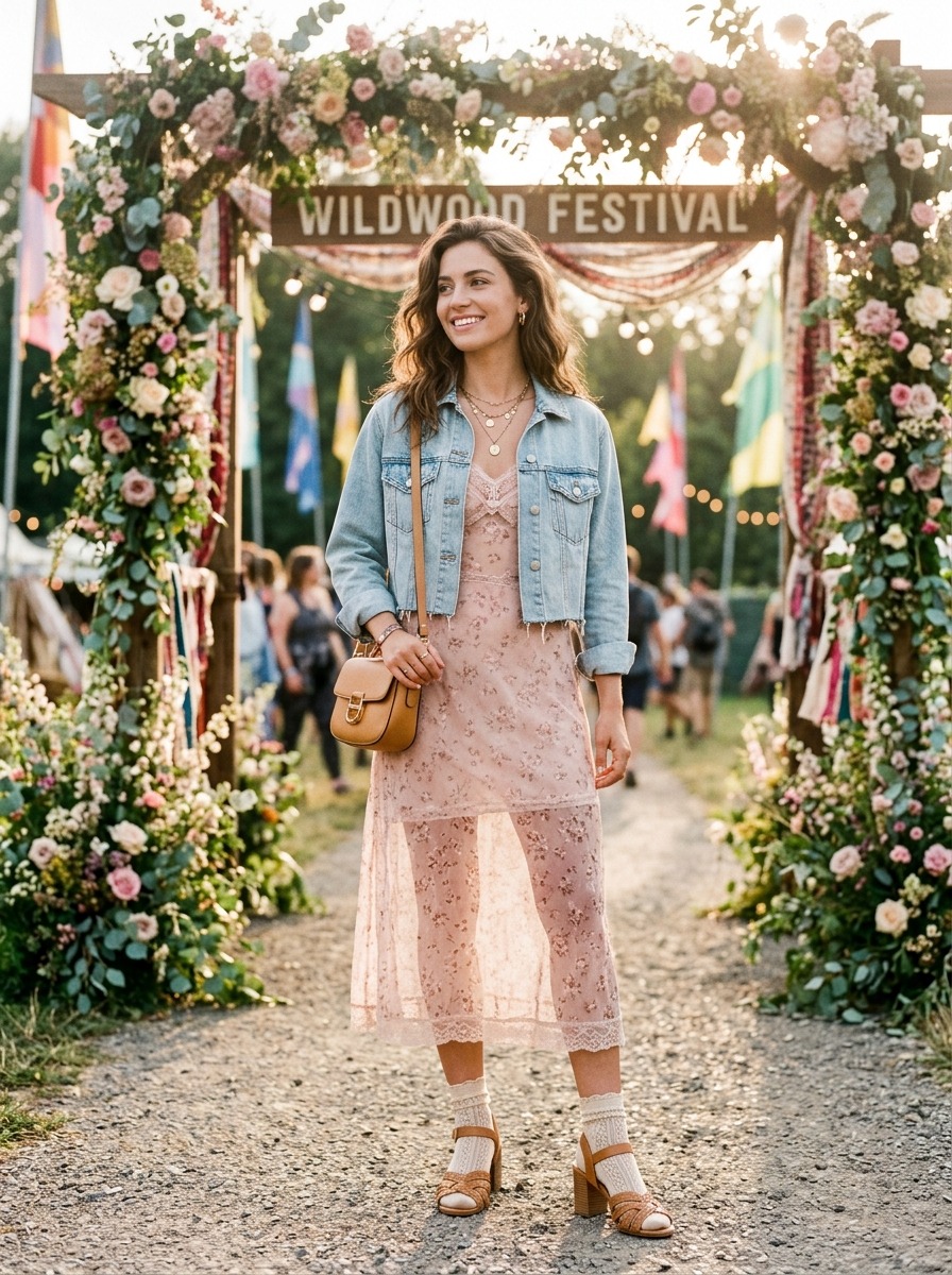 Sheer slip dress with cropped denim jacket Coachella outfit idea