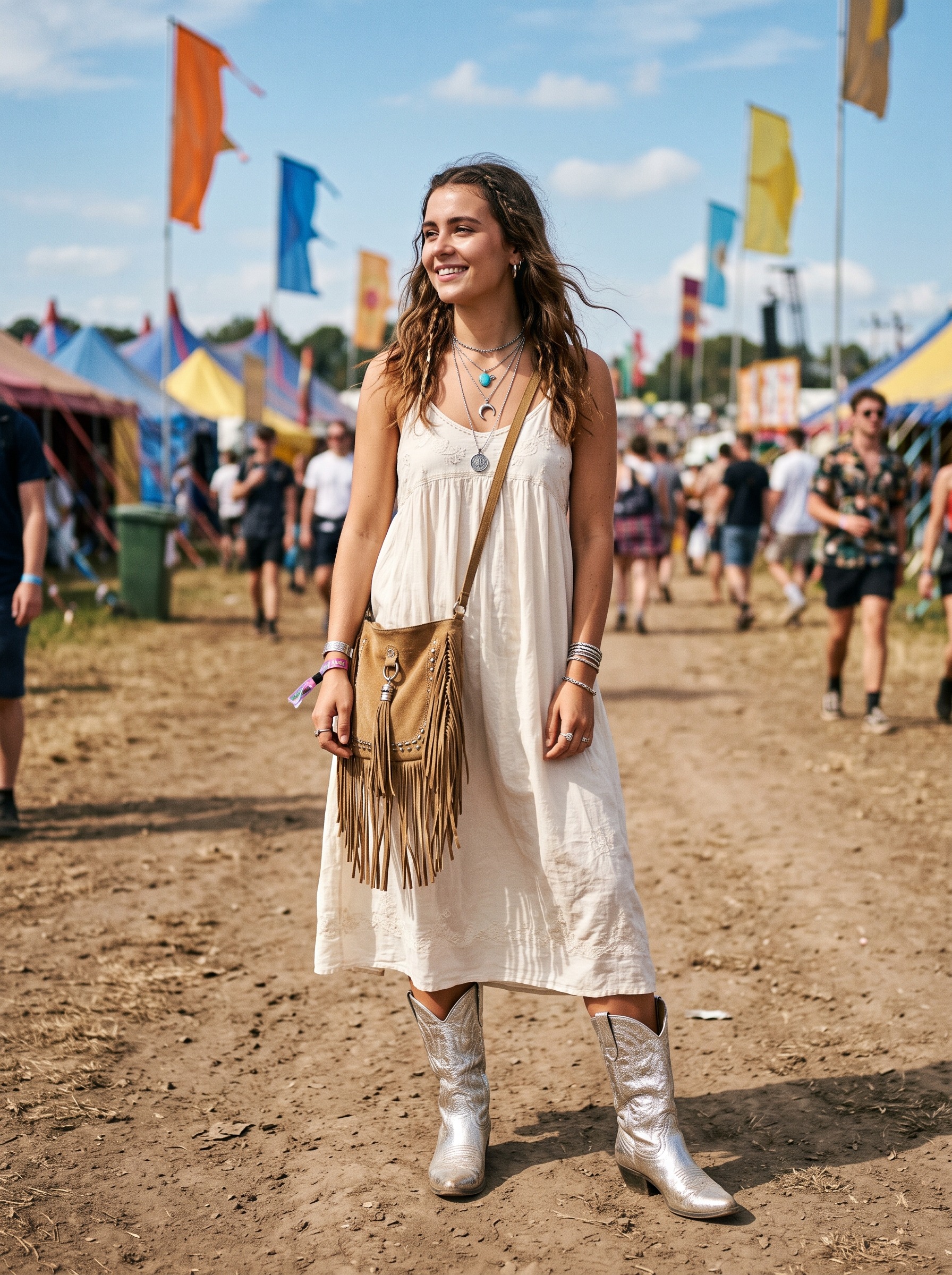 White sundress with metallic cowboy boots Coachella outfit idea