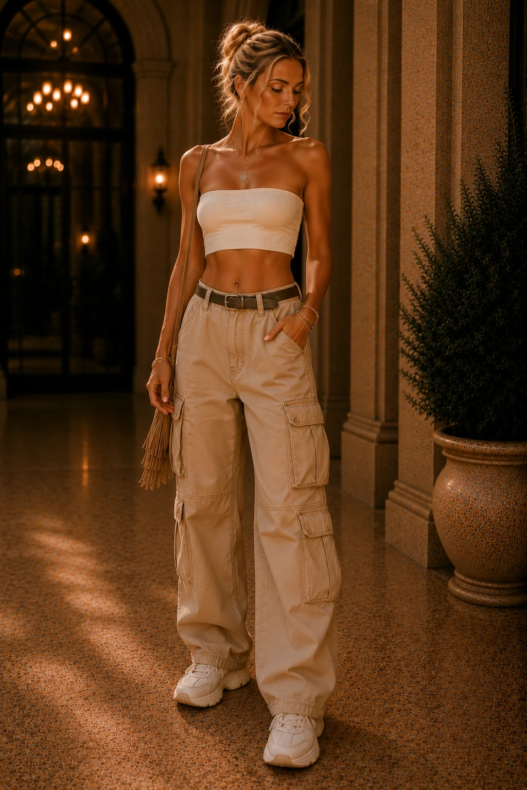 Cargo pants and fitted top Coachella outfit idea